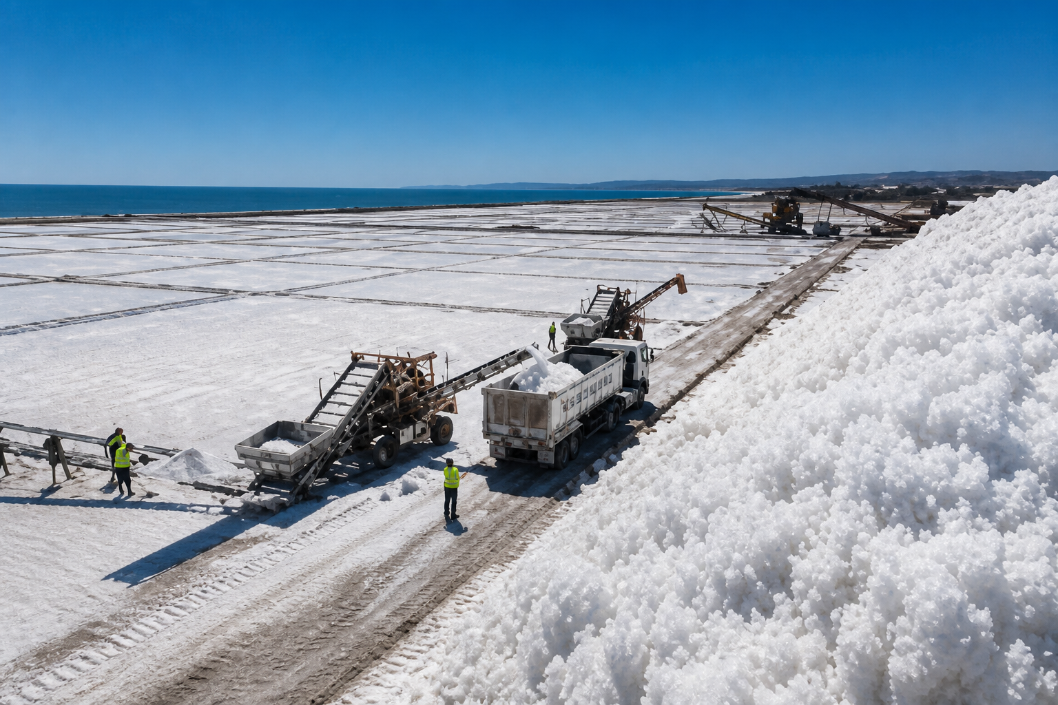 Vast solar salt fields and harvesting